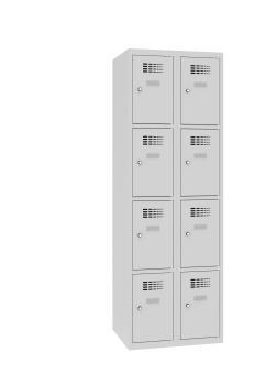 Ein lichtgrauer Fächerschrank mit zwei Abteilen und acht Fächern mit jeweils einer Tür. Alle Türen sind geschlossen. Der Schrank steht vor einem weißen Hintergrund.